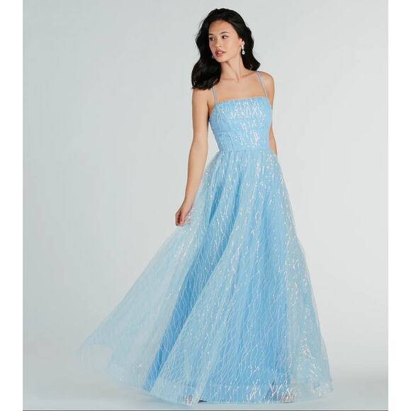 Amiyah Formal Blue Sequin Tulle Corset A-Line Maxi Dress Homecoming Prom Size S - Picture 1 of 16